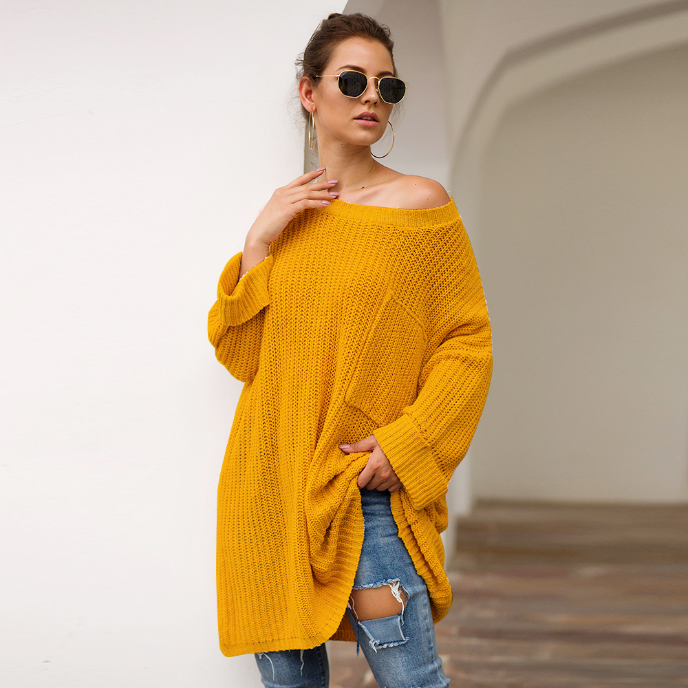 SZ60241-2 Yellow Knit One Shoulder Long Sleeve Casual Sweater